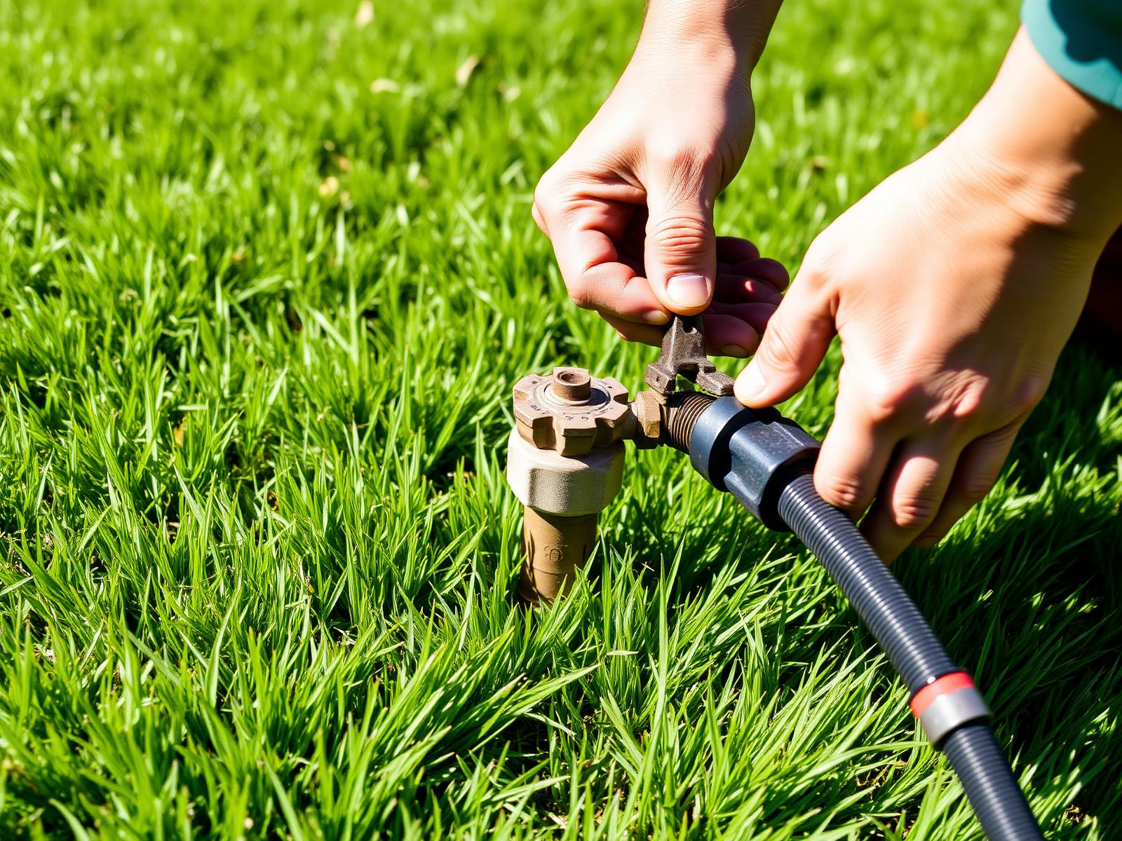 Technician repairing a sprinkler head in a green lawn